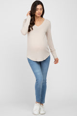 Beige Waffle Knit Maternity Long Sleeve Top