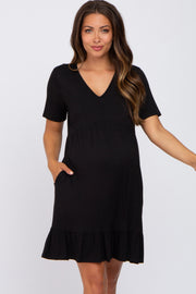 Black V-Neck Ruffle Hem Maternity Dress