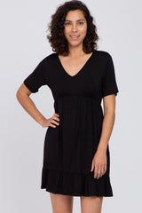 Black V-Neck Ruffle Hem Maternity Dress