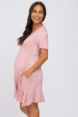 Light Pink V-Neck Ruffle Hem Maternity Dress