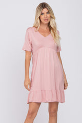 Light Pink V-Neck Ruffle Hem Maternity Dress