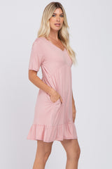 Light Pink V-Neck Ruffle Hem Dress