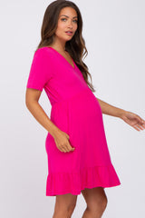 Fuchsia V-Neck Ruffle Hem Maternity Dress