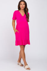 Fuchsia V-Neck Ruffle Hem Maternity Dress