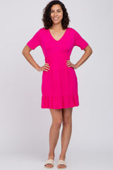 Fuchsia V-Neck Ruffle Hem Dress