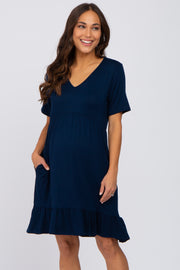 Navy Blue V-Neck Ruffle Hem Maternity Dress