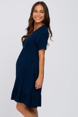 Navy Blue V-Neck Ruffle Hem Maternity Dress