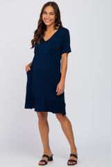 Navy Blue V-Neck Ruffle Hem Maternity Dress