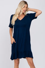 Navy Blue V-Neck Ruffle Hem Maternity Dress