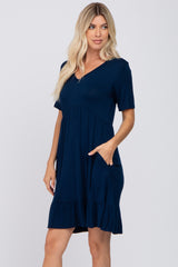 Navy Blue V-Neck Ruffle Hem Dress