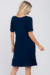 Navy Blue V-Neck Ruffle Hem Dress