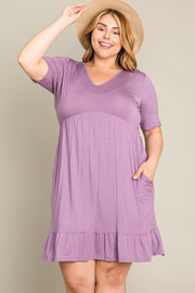 Lavender V-Neck Ruffle Hem Plus Dress