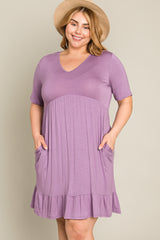 Lavender V-Neck Ruffle Hem Plus Dress