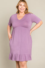 Lavender V-Neck Ruffle Hem Plus Dress