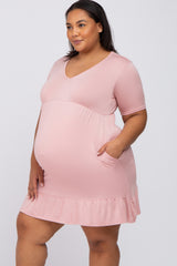 Light Pink V-Neck Ruffle Hem Maternity Plus Dress