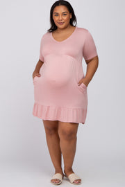 Light Pink V-Neck Ruffle Hem Maternity Plus Dress