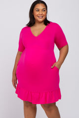 Fuchsia V-Neck Ruffle Hem Maternity Dress