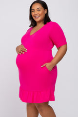 Fuchsia V-Neck Ruffle Hem Maternity Dress