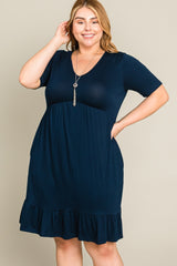 Navy Blue V-Neck Ruffle Hem Maternity Plus Dress