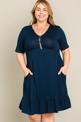 Navy Blue V-Neck Ruffle Hem Plus Dress