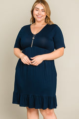 Navy Blue V-Neck Ruffle Hem Plus Dress