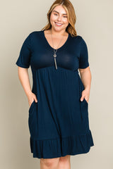 Navy Blue V-Neck Ruffle Hem Plus Dress