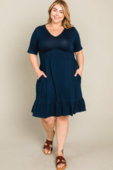 Navy Blue V-Neck Ruffle Hem Plus Dress