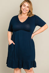 Navy Blue V-Neck Ruffle Hem Plus Dress