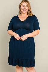 Navy Blue V-Neck Ruffle Hem Plus Dress