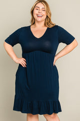 Navy Blue V-Neck Ruffle Hem Plus Dress