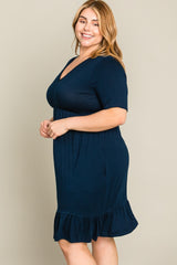 Navy Blue V-Neck Ruffle Hem Plus Dress