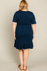 Navy Blue V-Neck Ruffle Hem Plus Dress