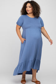 Blue Crochet Back Maternity Plus Midi Dress