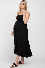 Black Smocked Ruffle Maternity Midi Dress