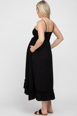 Black Smocked Ruffle Maternity Midi Dress