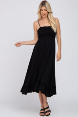 Black Smocked Ruffle Midi Dress