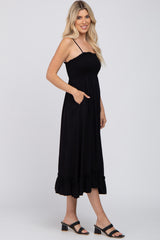 Black Smocked Ruffle Midi Dress