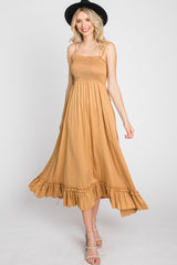 Gold Smocked Ruffle Midi Dress