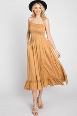 Gold Smocked Ruffle Midi Dress