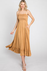 Gold Smocked Ruffle Midi Dress