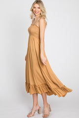 Gold Smocked Ruffle Midi Dress