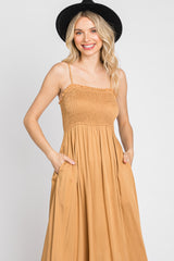 Gold Smocked Ruffle Midi Dress