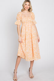 Peach Floral Square Neck Midi Dress