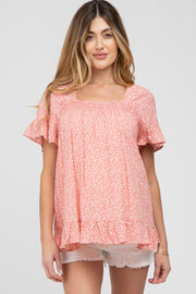 Coral Floral Square Neck Ruffle Hem Maternity Top