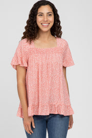 Coral Floral Square Neck Ruffle Hem Top