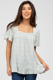 Ivory Floral Square Neck Ruffle Hem Top