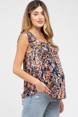 Navy Blue Watercolor Print Ruffle Shoulder Maternity Top