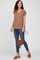 Mocha Floral Ruffle Sleeve Blouse