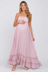 Mauve Halter Neck Cut Out Maternity Maxi Dress