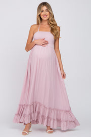 Mauve Halter Neck Cut Out Maternity Maxi Dress